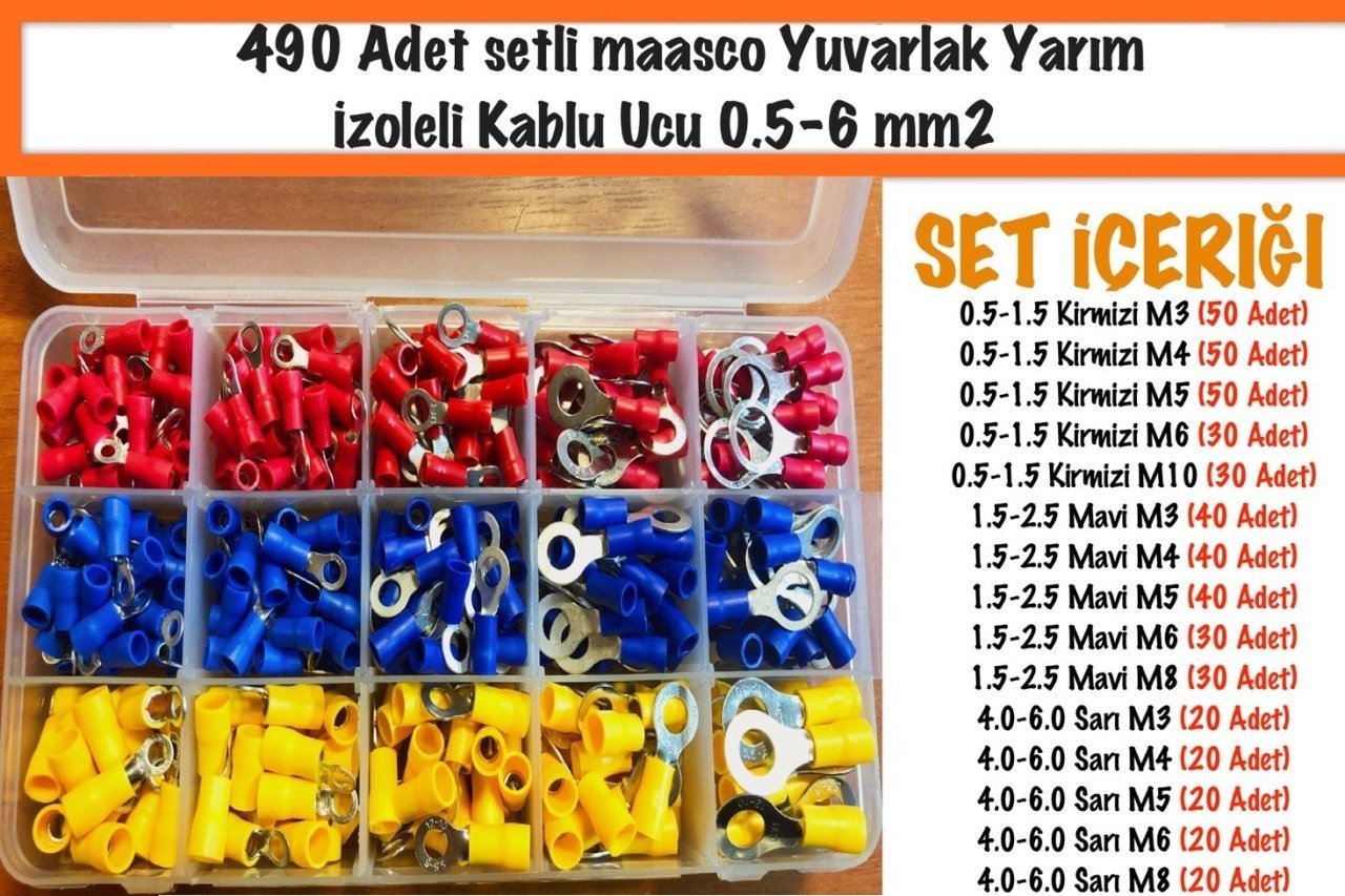 490 Adet Yuvarlak Yarım İzoleli Kablu Ucu Seti 0.5-6 mm