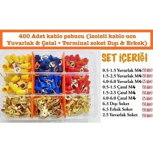 400 Adet pabuc, yuvarlak, çatal, dışı terminal kablo ucu seti