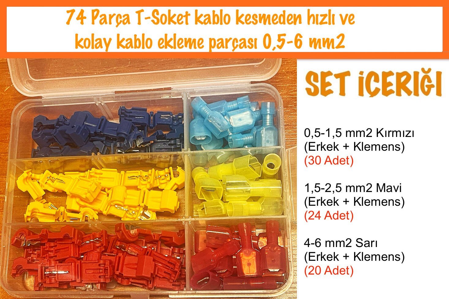 (74 Parça) T-Soket kablo kesmeden hızlı ve kolay kablo ekleme seti