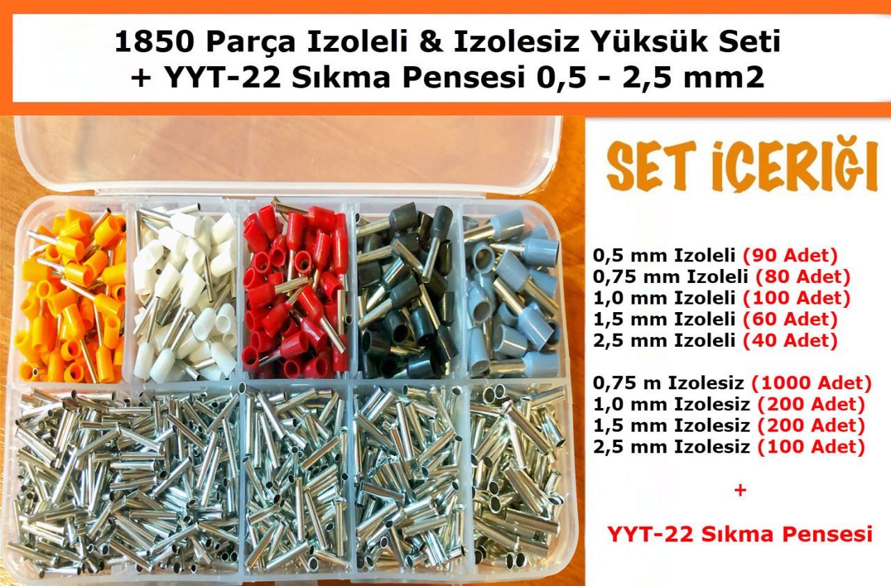 1850 parça izoleli & izolesiz yüksük seti + YYT-22 pense (0,5-2,5)