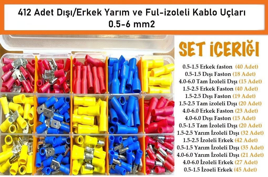 412 Parça setli Dışı/erkek izoleli kablo ucu pabuç 0.5-6