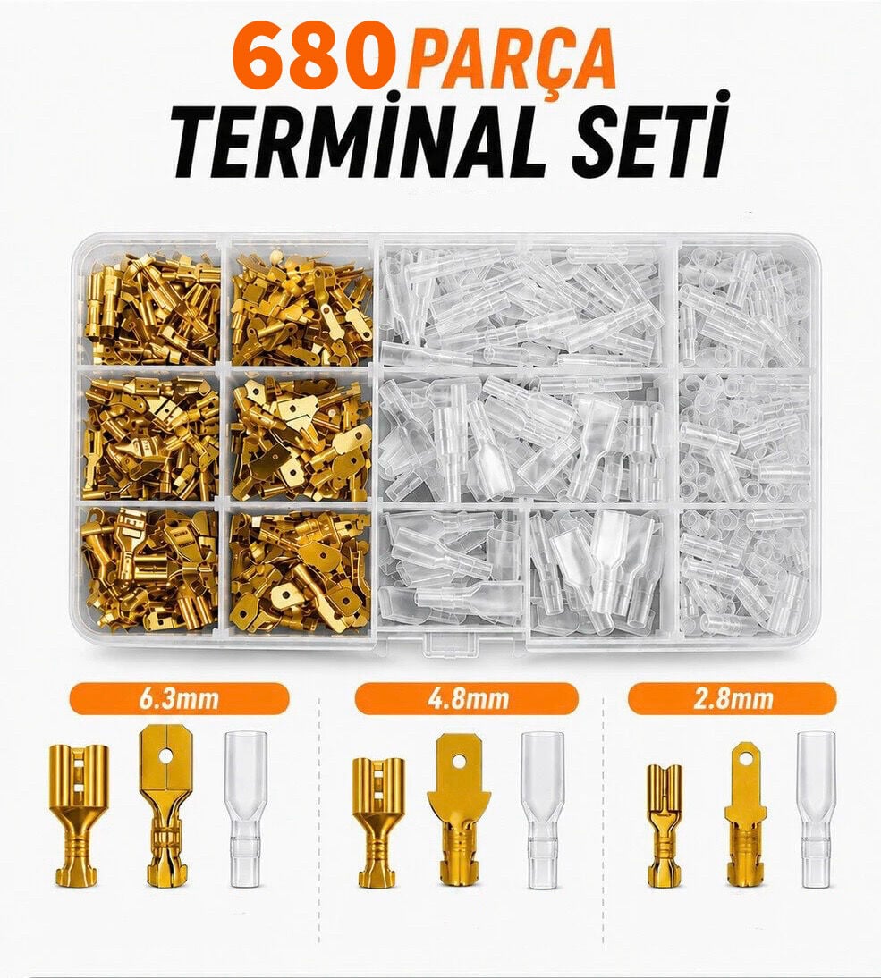 680 Adet Sarı (dışı + erkek) izolesiz Terminal Seti (6,3-4,8-2,8 mm)