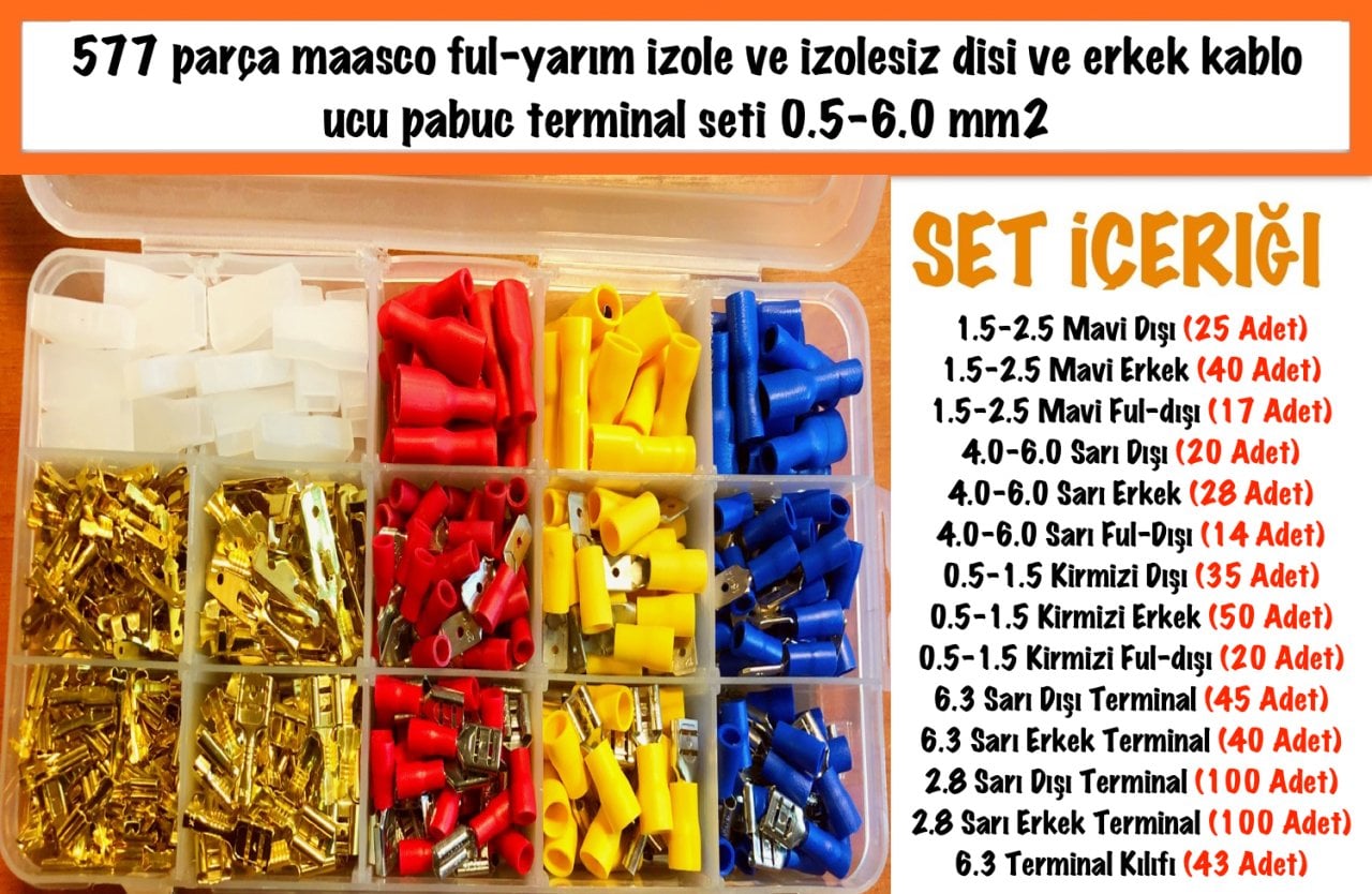 577 Adet ful-yarım izole ve izolesiz dışı ve erkek kablo ucu pabuç terminal 0.5-6 mm