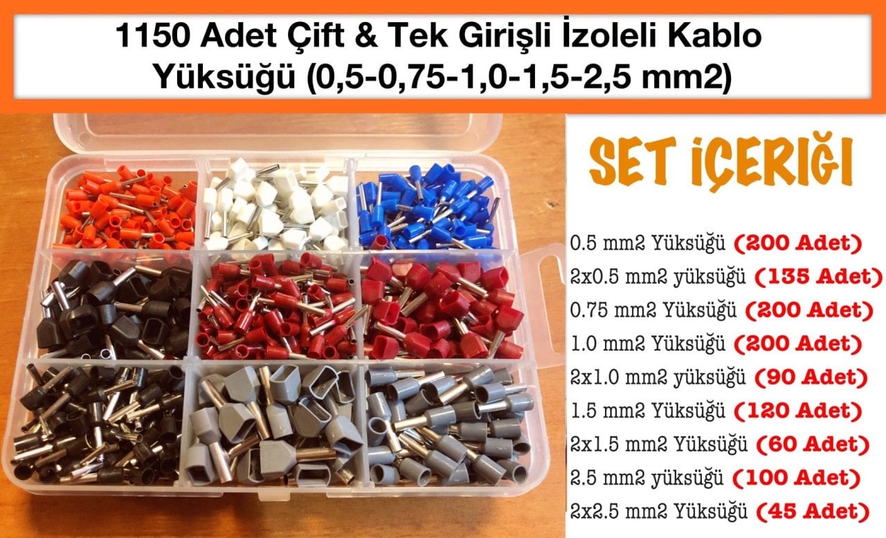 1150 Adet Tek ve Çift Girişli Kablo Yüksük 1,0-1,5-2,5 mm