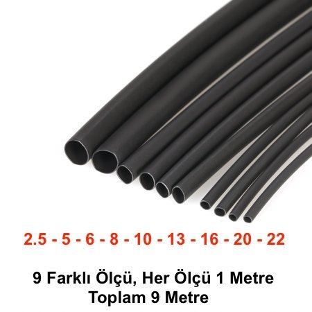 Isıyla Daralan Makaron Kablo Seti (9 Çeşit Herbiri 100 Cm) 9 Metre
