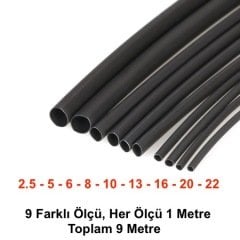 Isıyla Daralan Makaron Kablo Seti (9 Çeşit Herbiri 100 Cm) 9 Metre