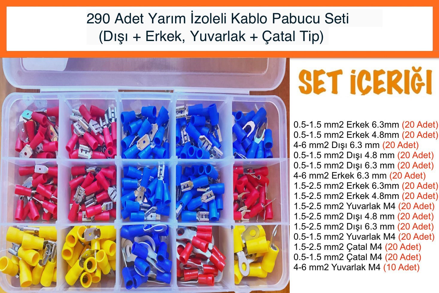 290 parça izoleli kablo pabucu (çatal yuvarlak dışı erkek)