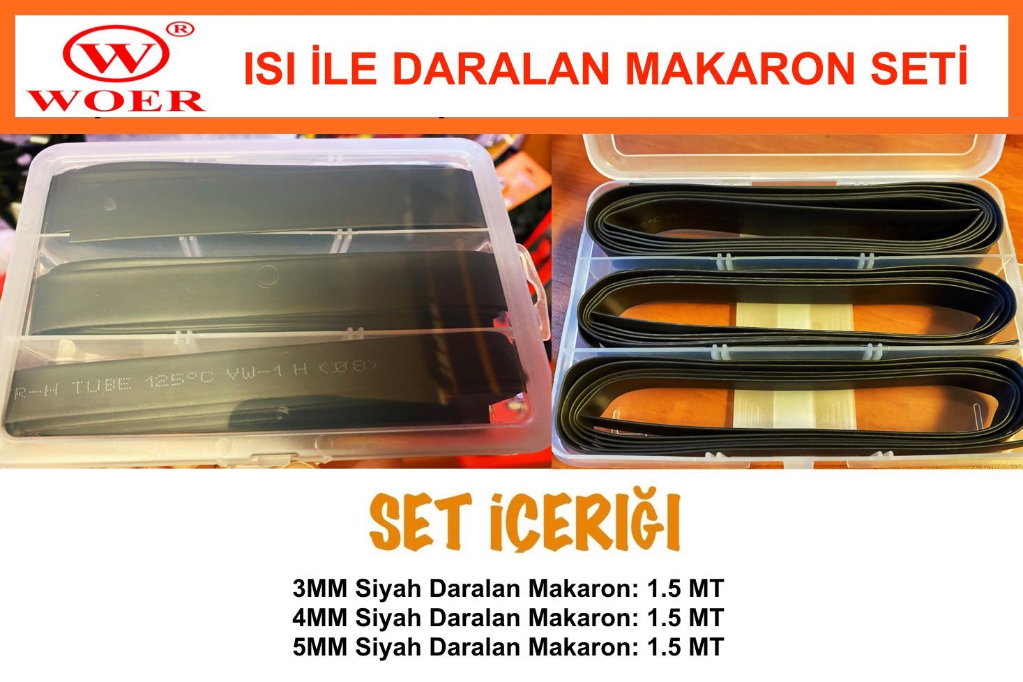 WOER ısı ile daralan makaron Seti 3-4-5 mm (1.5mt her ölçüden)