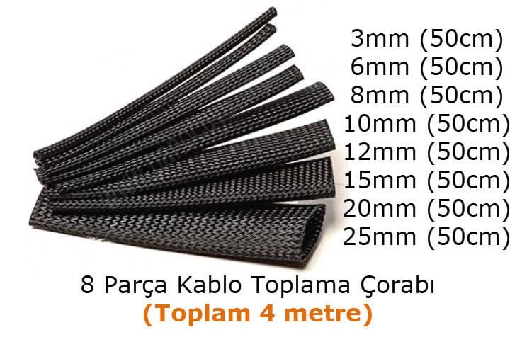 8 Çeşit Kablo Toplama Çorap seti (Toplam = 4 Mt)