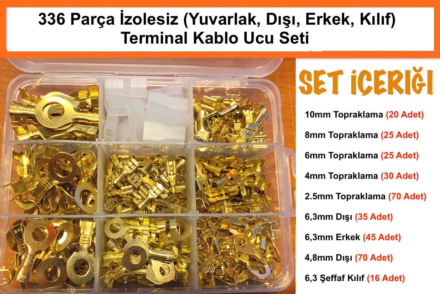 336 Adet Sarı Terminal Seti Yuvarlak, erkek, dışı (Oto Tip Pabuç)