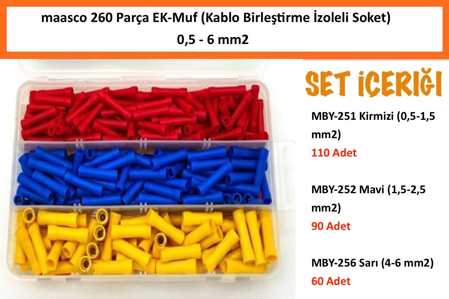 Maasco 260 parça sıkmalı ek muf - izoleli kablo birleştirici seti