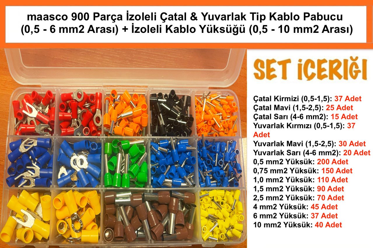 900 Parça Yuvarlak & Çatal İzoleli pabuç ve İzoleli Kablo yüksük (0,5-10 mm2)