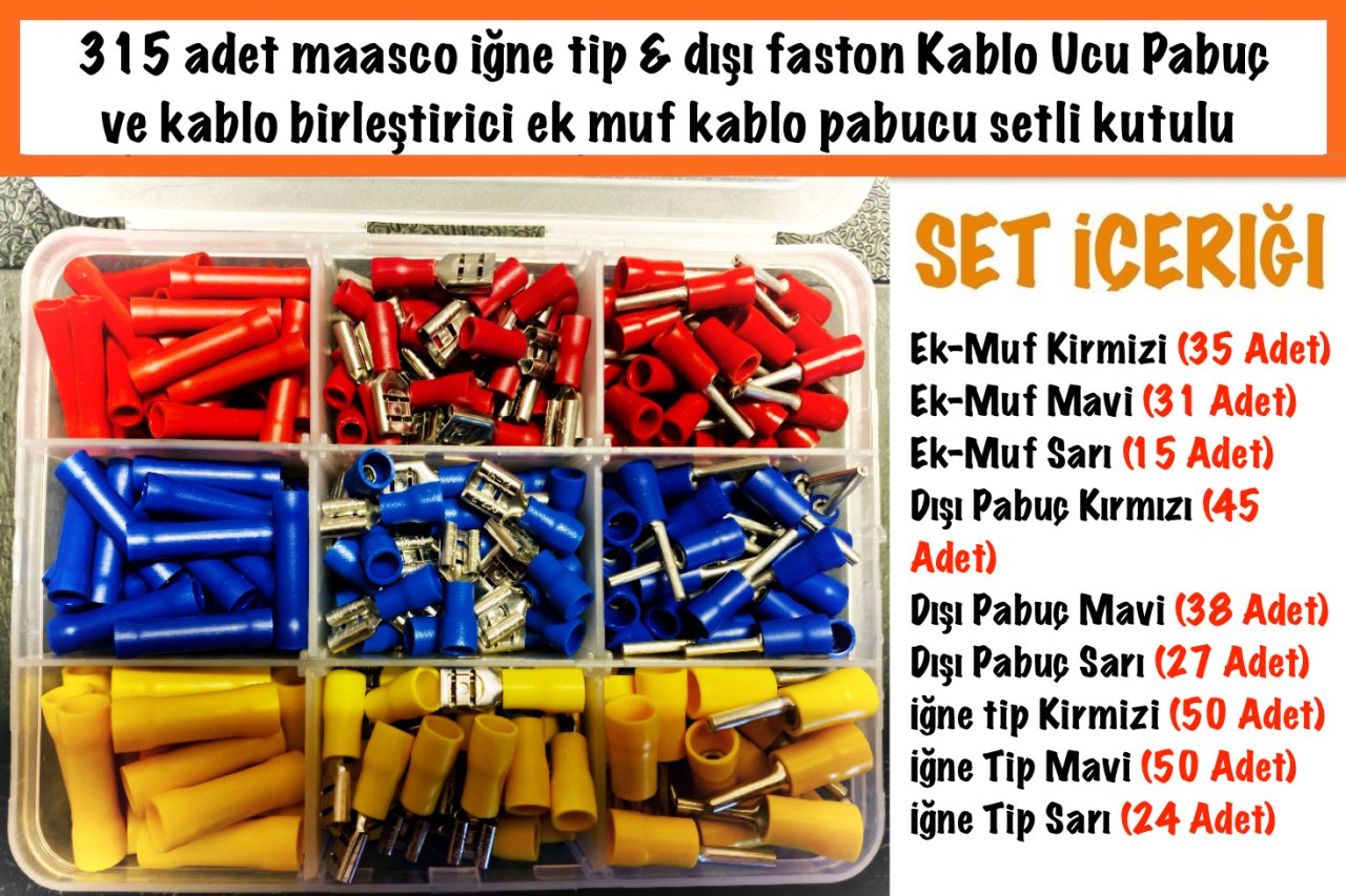 315 adet maasco iğne tip, dışı faston, ve kablo birleştirici ek muf kablo pabucu Seti