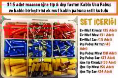 315 adet maasco iğne tip, dışı faston, ve kablo birleştirici ek muf kablo pabucu Seti