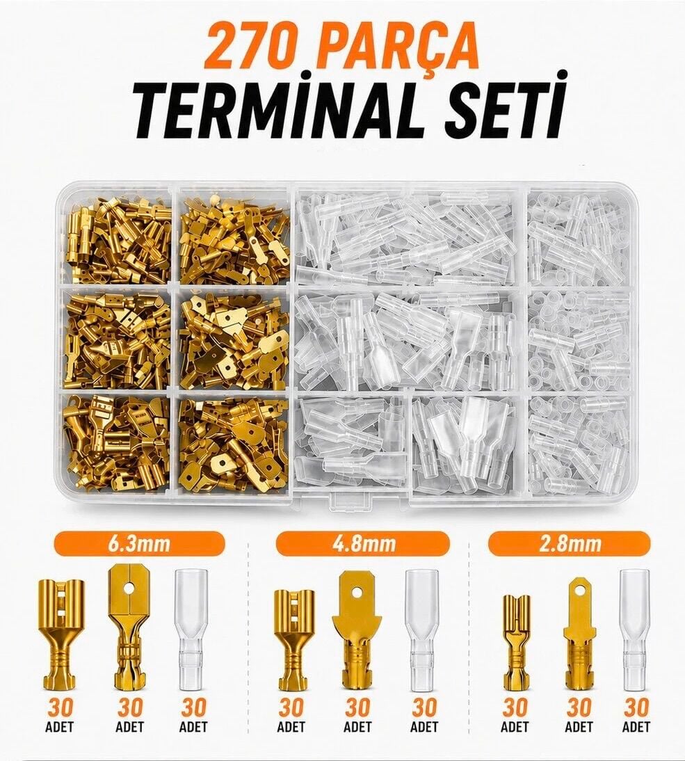 270 Adet Sarı (dışı + erkek) izolesiz Terminal Seti (6,3-4,8-2,8 mm)